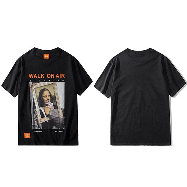 Men Hip Hop T Shirt Funny Smoking Mona Lisa T-Shirt Streetwear Summer Tshirts Short Sleeve Cotton Tops Tees Street Wear
