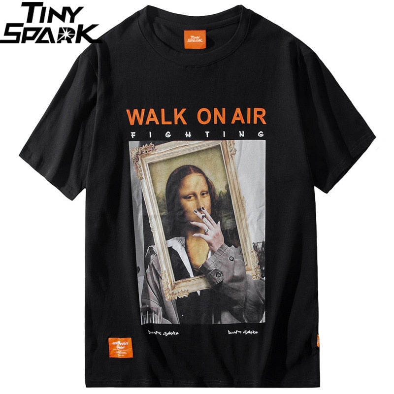 Men Hip Hop T Shirt Funny Smoking Mona Lisa T-Shirt Streetwear Summer Tshirts Short Sleeve Cotton Tops Tees Street Wear