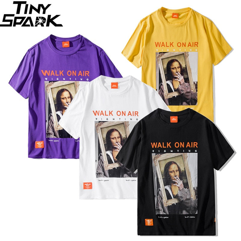 Men Hip Hop T Shirt Funny Smoking Mona Lisa T-Shirt Streetwear Summer Tshirts Short Sleeve Cotton Tops Tees Street Wear