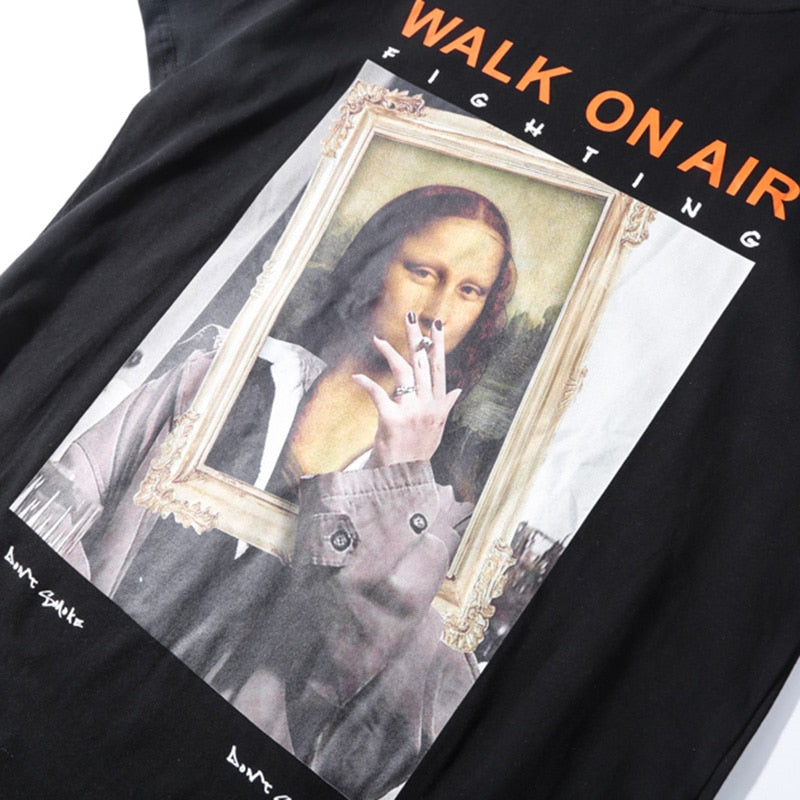 Men Hip Hop T Shirt Funny Smoking Mona Lisa T-Shirt Streetwear Summer Tshirts Short Sleeve Cotton Tops Tees Street Wear