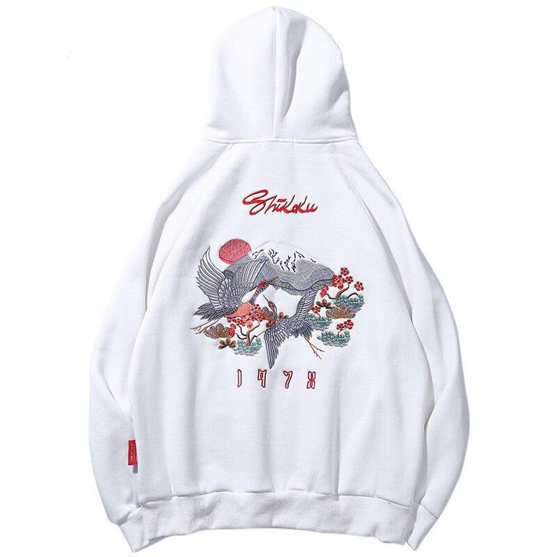 Men Hip Hop Streetwear Hoodie Harajuku Embroidery Crane Kanji