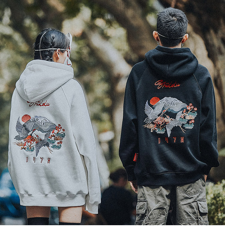 Men Hip Hop Streetwear Hoodie Harajuku Embroidery Crane Kanji